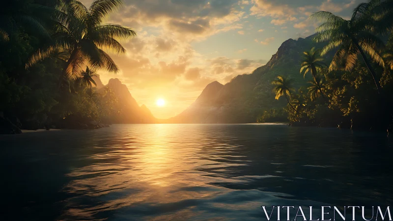 Tropical Fjord Valley at Golden Hour with Dramatic Mountain Backlighting