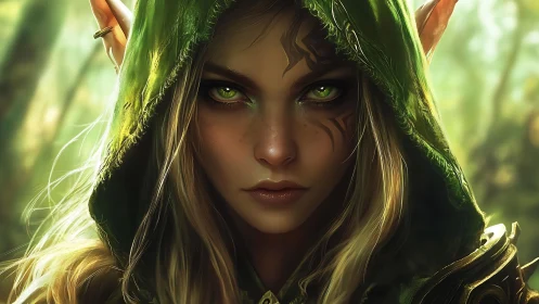 Elven hooded figure in forest environment close-up portrait.