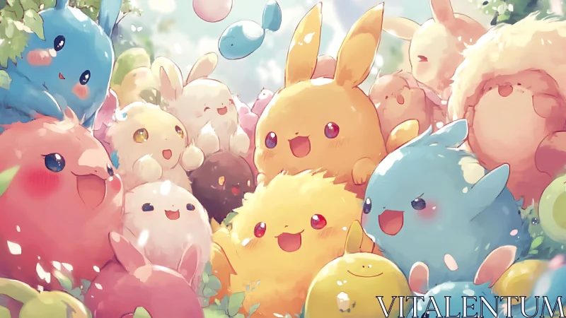 Joyful pastel creatures gather in a sunlit forest glade.