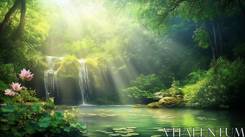 Lush forest waterfall with lotus pond and ethereal sunbeams.