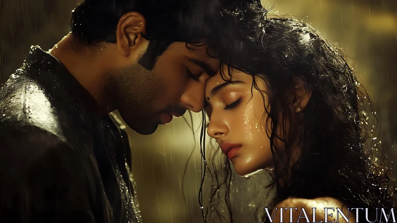 Intimacy in Rain: Two Figures with Wet Hair and Wet Skin Rendered in Warm Cinematic Lighting