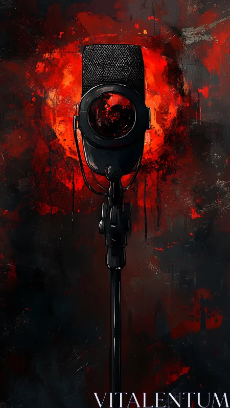 Studio microphone stands before red abstract circular glow