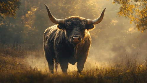 Backlit longhorn bovine stands in misty woodland clearing at dawn