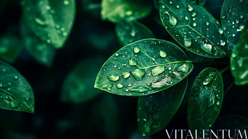 Macro foliage study with dewdrops and deep green tonality.