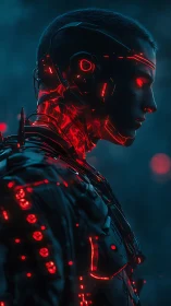Neon veins of a silent cyborg ignite the stormy dusk