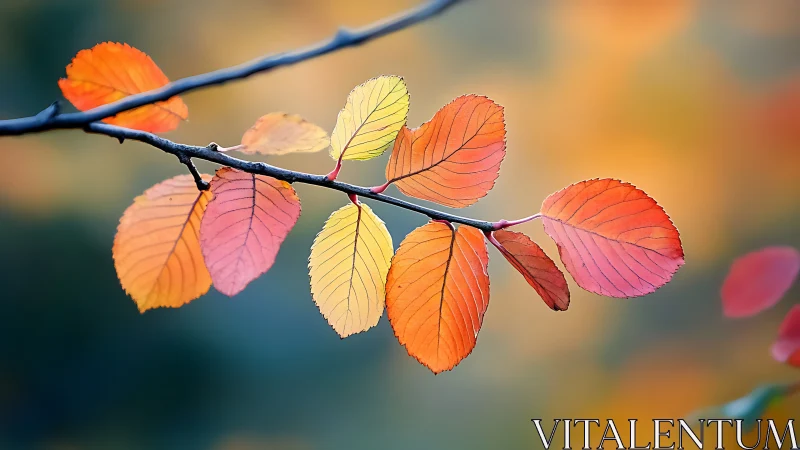 Chromatic autumn leaf phyllotaxis on shallow-focus branch.
