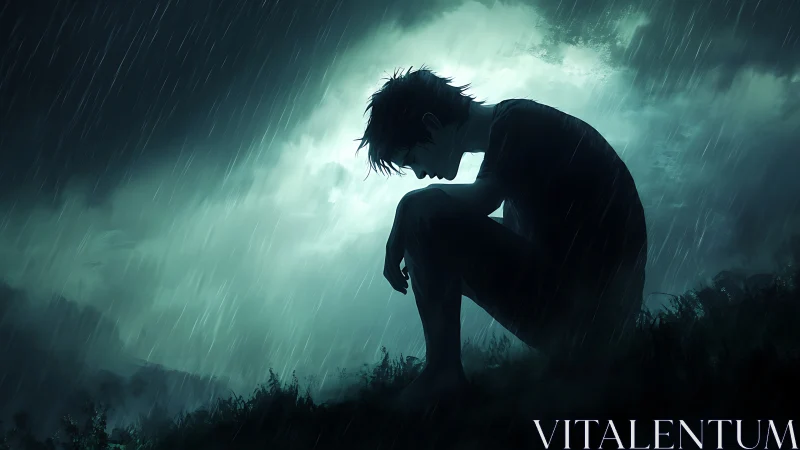 Silhouetted figure in rain rendered as moody digital painting