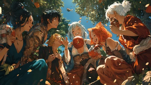 Sunlit friends share juicy autumn apples in joyful laughter