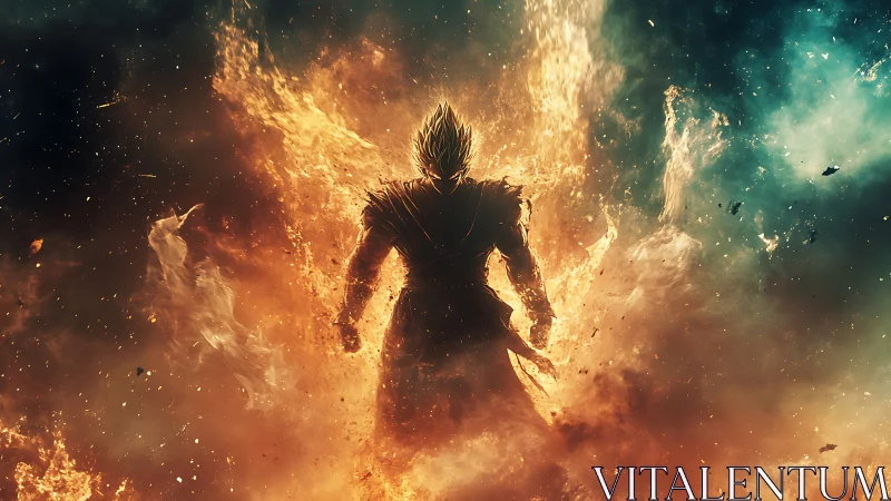 Silhouetted warrior stands amid explosive fiery energy field