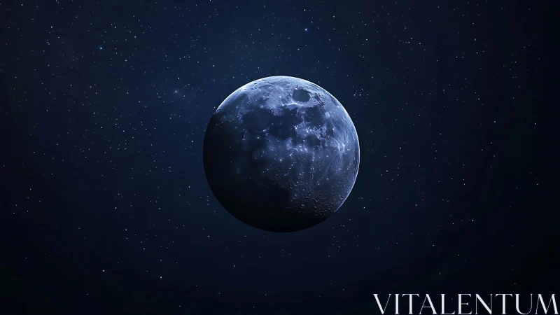 Lunar terminator divides cratered surface under deep blue starlit sky