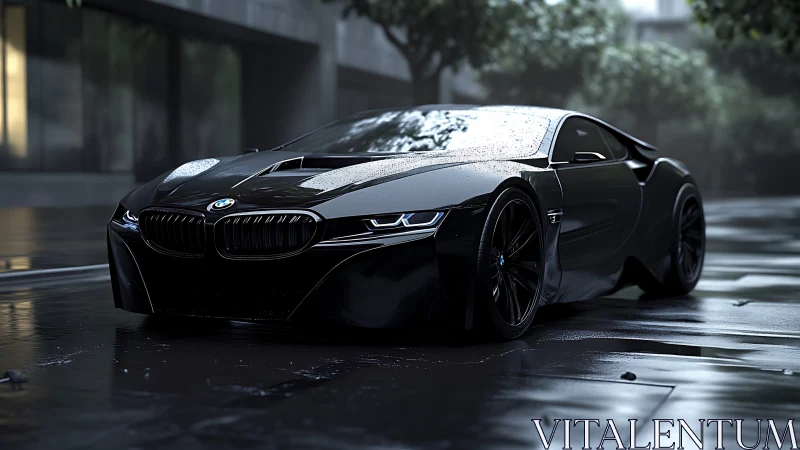 Midnight black BMW supercar on rain-slicked city street.