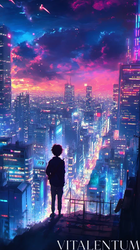 Silhouetted figure overlooking neon cyberpunk cityscape.