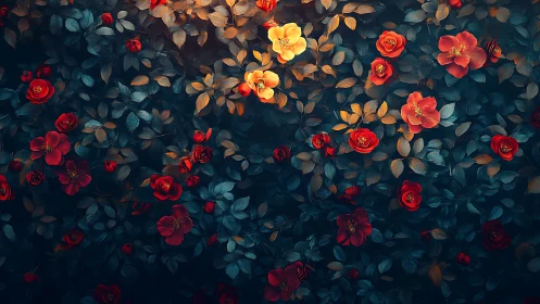 Velvet Petals Emerge: Roses Ignite Dark Garden Magic.