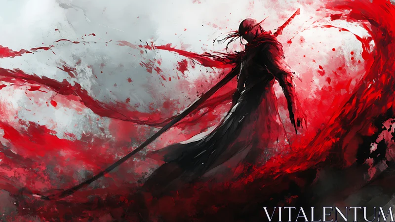 Lone crimson warrior dancing through a storm of paint.