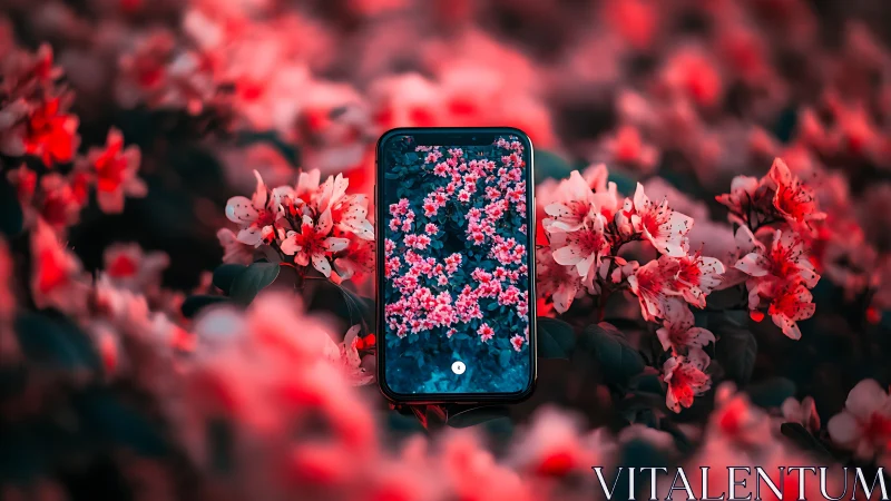 Smartphone displaying floral pattern among blooming flowers.