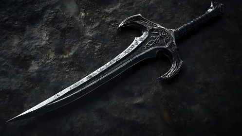 Dark fantasy broadsword with ornate demonic guard design.