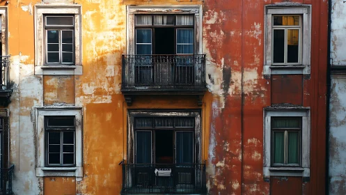 Weathered urban facade with windows and metal balconies.