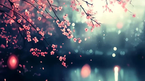 Pink Cherry Blossoms Falling Through Bokeh Night