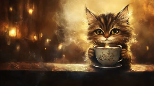 Fluffy Cat Holding Warm Teacup in Golden Lamplight.