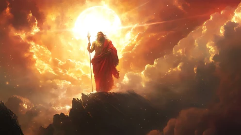 Sun-crowned storm god striding through blazing heavens.