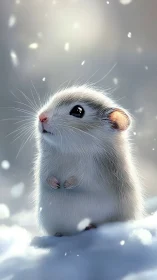 Small rodent standing upright in light snowfall outdoors.