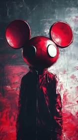 Red mouse-headed figure in glossy jacket against grunge wall.