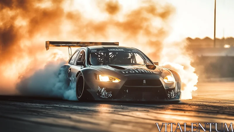 Drift race car on track generating dense tire smoke plume.