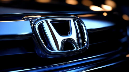 Close view shows chrome car emblem on reflective grille