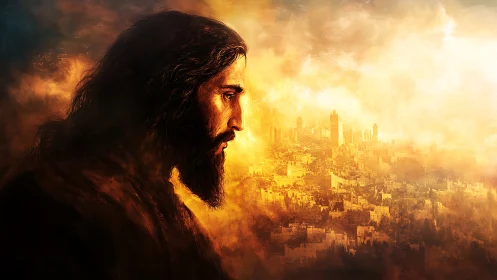 Solitary robed figure gazes over glowing ancient cityscape.