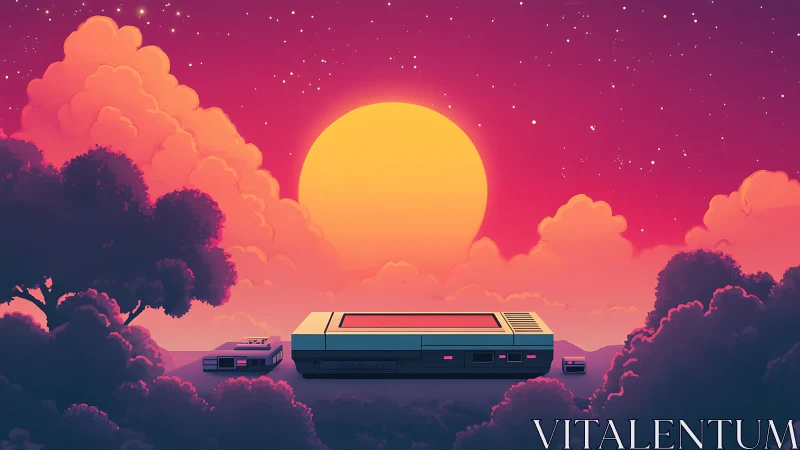 Neon sunset consoles dreaming under cotton candy clouds.