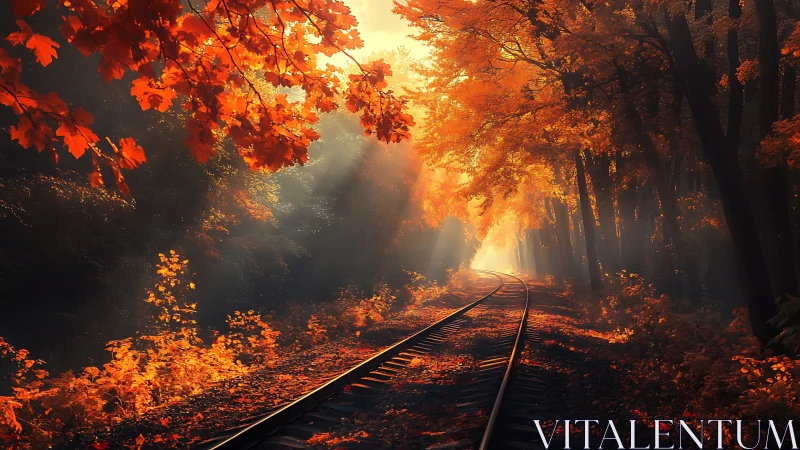 Sunlit autumn rails winding through a glowing forest path.