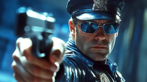 Tense closeup shows armed police officer aiming handgun.