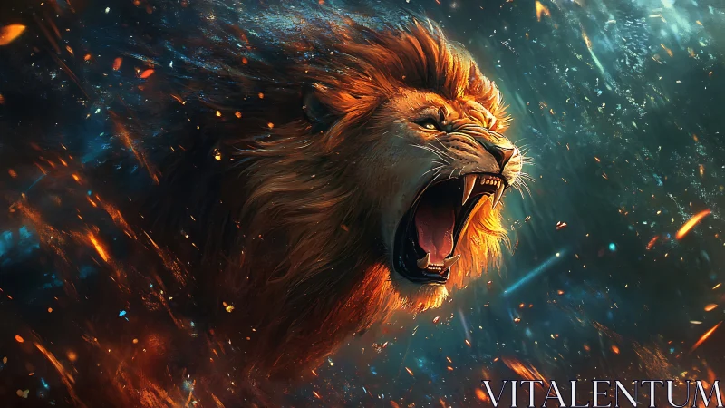 Roaring lion in dynamic cosmic fire and sparks environment.
