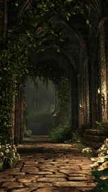 Vine-wreathed stone cloister opening into mossy twilight.