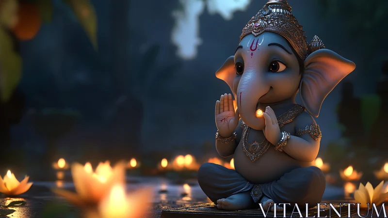 Chibi Ganesha idol glows amid lotus diyas in cinematic 3D render