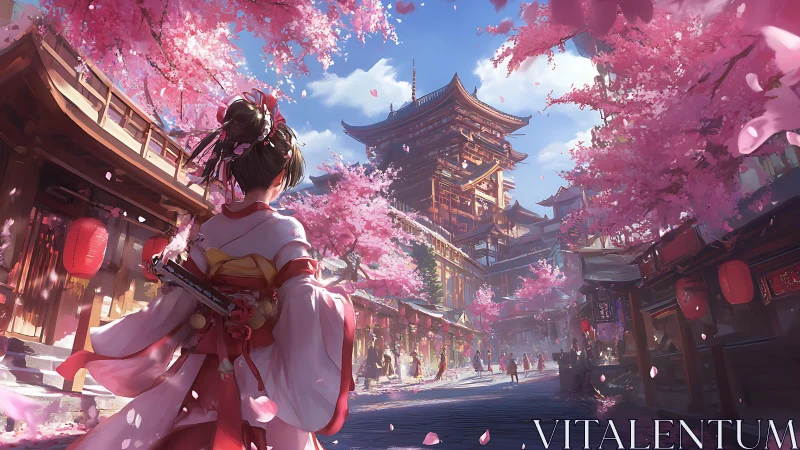 Woman in kimono walks through cherry-lined traditional street