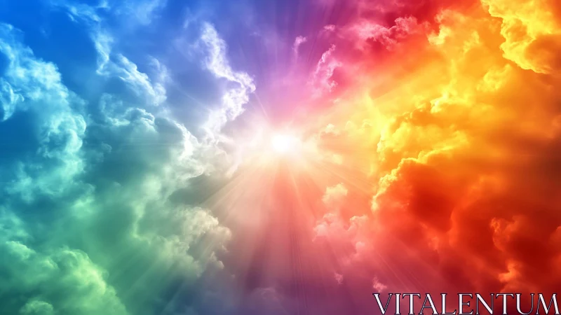 Radiant spectral sunburst illuminates chromatic storm clouds