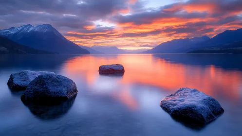 Fiery sunrise glows over tranquil lake and snowy peaks.