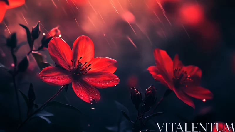 Rain-Soaked Red Flowers Glowing Against Dark Atmospheric Background