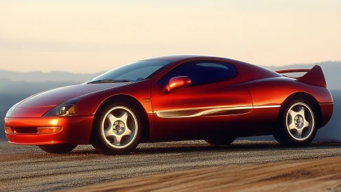 Sunset-slick red concept coupe poised on desert horizon.
