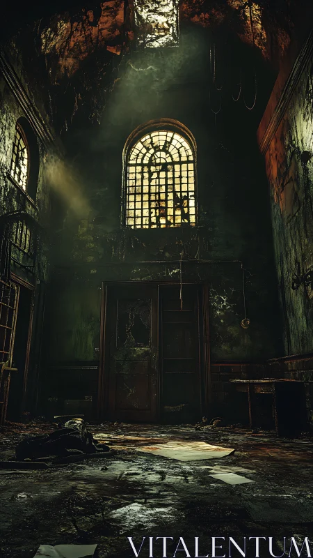 Ruined chapel hallway drinks light through a broken halo window