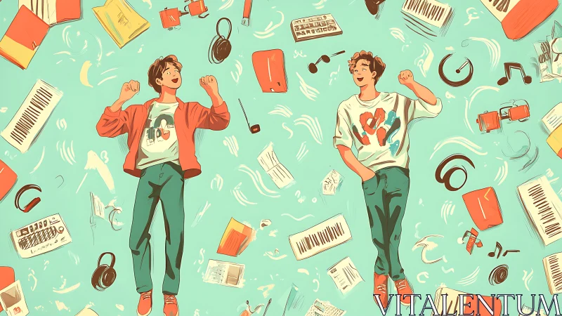 Two teens float amid scattered digital music gear on teal ground