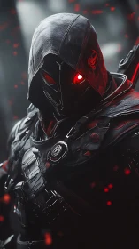 Hooded cyber assassin with glowing red visor in armor.