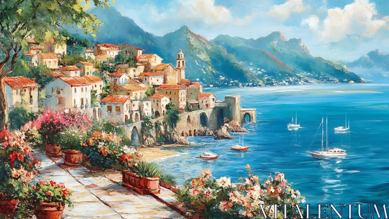 Seaside village terrace overlooks a bright Mediterranean bay.