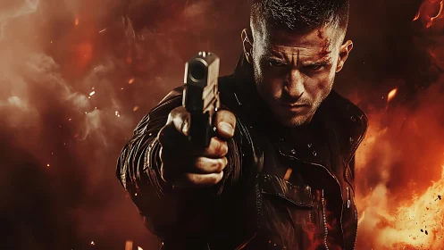 Gunmetal glare slices through swirling fire and smoke