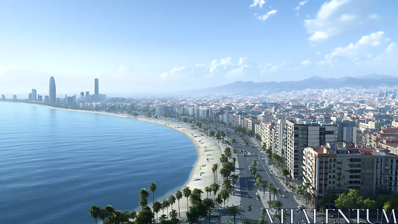 Sunlit city shoreline curling around a glassy blue bay.