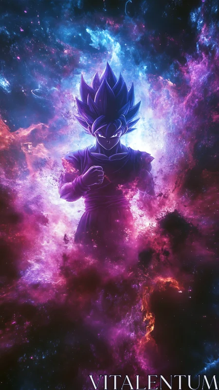 Cosmic anime warrior surrounded by glowing nebula energy.