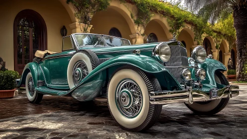 Emerald roadster lounges regally beneath sunlit villa arches