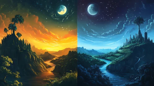 Enchanted river valley shared by glowing day and quiet night.