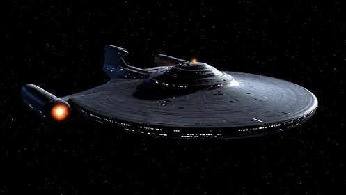 Futuristic starship in deep space with illuminated engine cores.